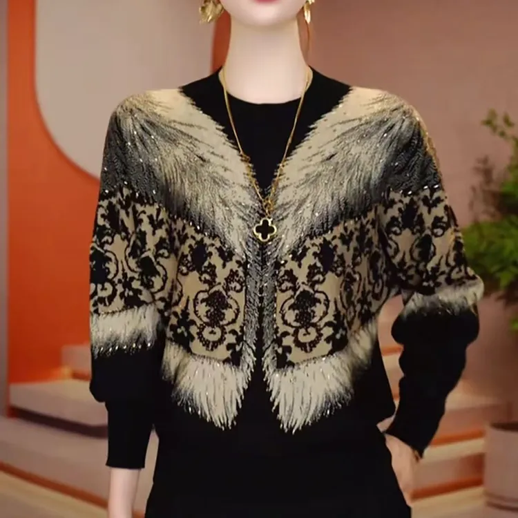 秋冬女拼接T恤印花休闲风常规款流苏圆领女士法式双面澳绒保暖款