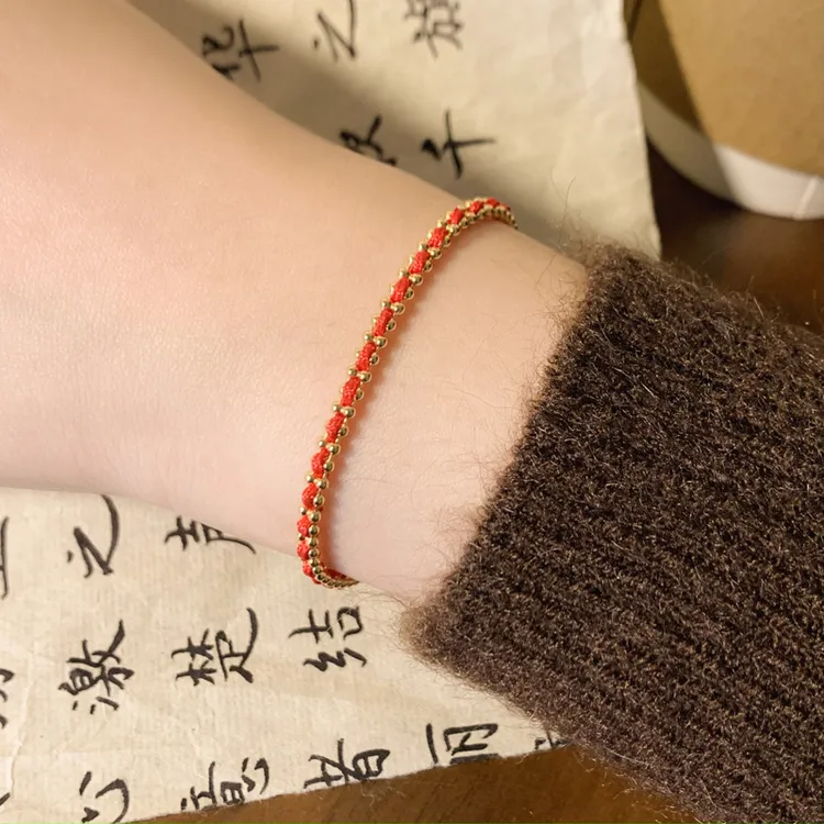 925银布艺手链 新年双珠红绳手链简约百搭本命年过年送礼自戴推荐