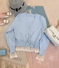 【雅乔定制】休闲百搭蕾丝拼接V领针织开衫毛衣外套女DYDD-25070048