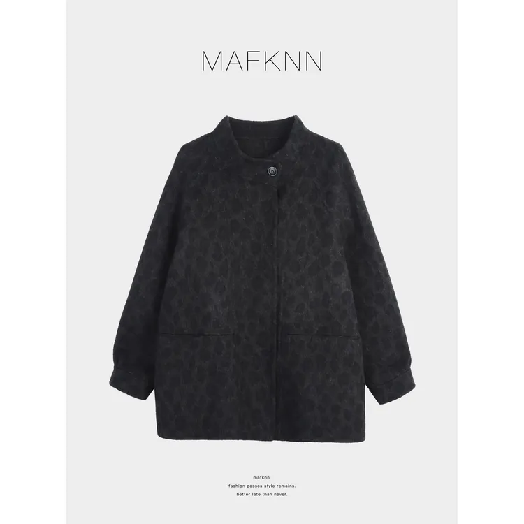 MAFKNN/玛肯时尚休闲简约纯色百搭豹纹毛呢大衣MK13704