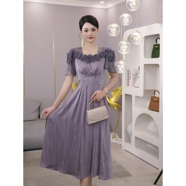 2025夏季新款【X-X525】通勤宴会两穿高级感紫色手工立体花朵连衣裙