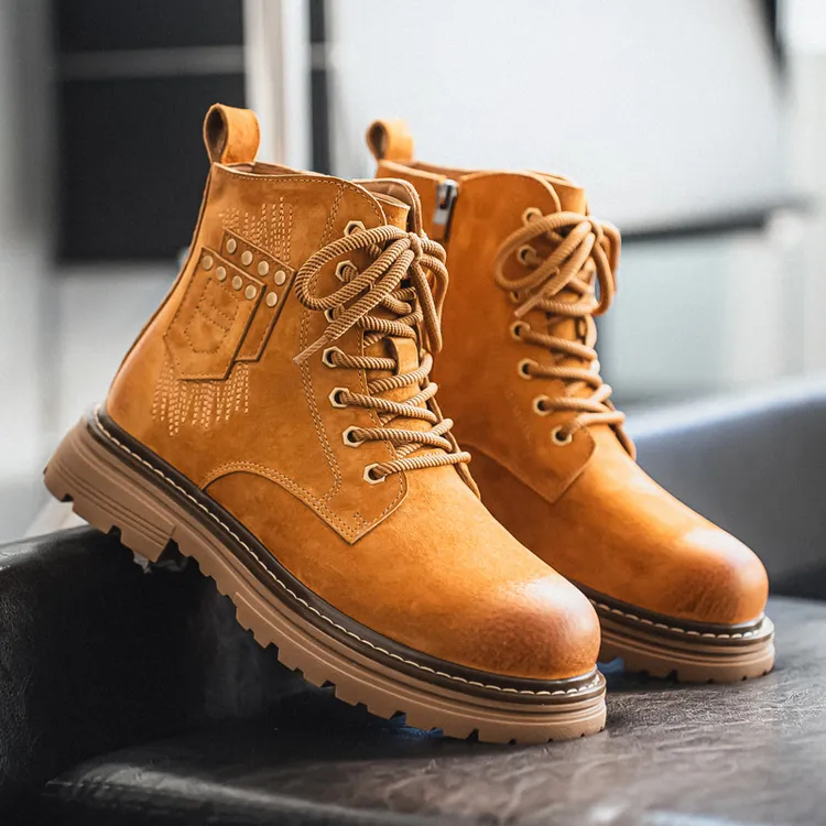 秋冬户外男生真皮复古厚底防滑拉链马丁靴增高男士大黄靴工装靴