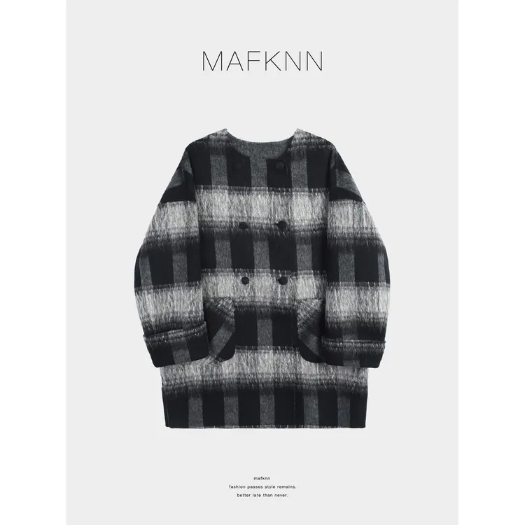 MAFKNN/玛肯时尚休闲简约百搭秋冬舒适格子毛呢大衣MK13966