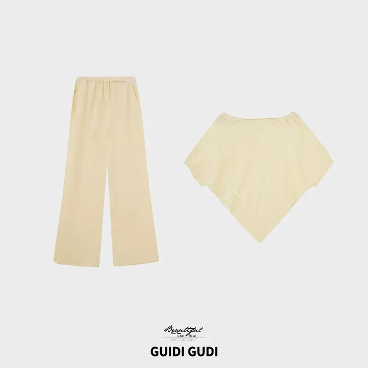 GUIDI GUDI【林间薄纱】百搭时尚休闲短袖T恤/黄加蓝