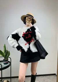 552  Y32设计感复古撞色字母印花女慵懒风宽松毛衣C91 