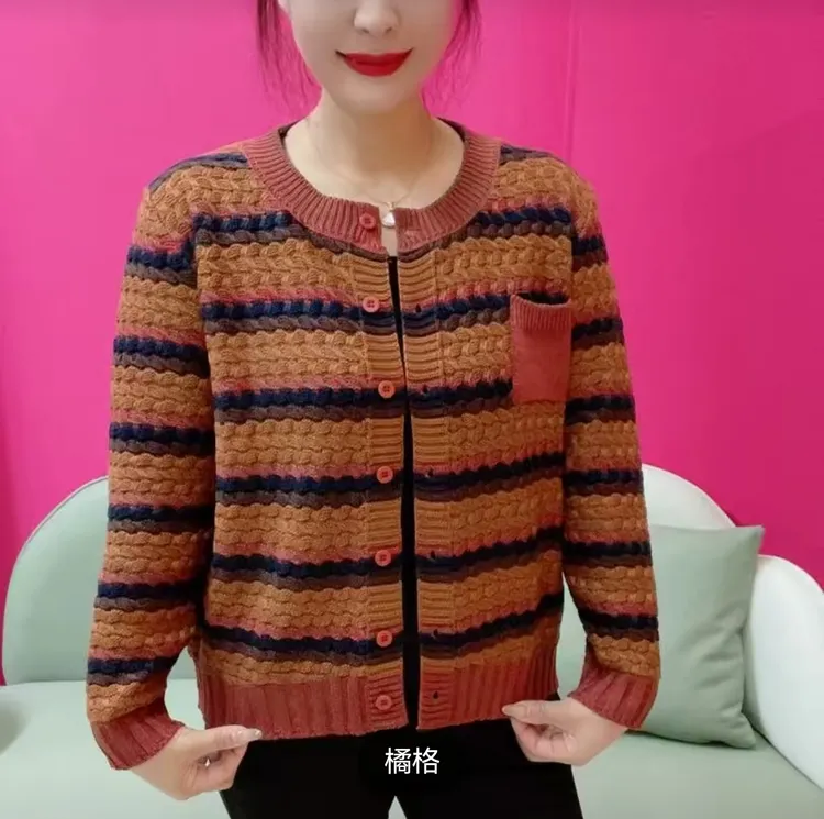 《专柜品质》气质秋季时尚百搭条纹针织系扣开衫圆领显瘦妈妈小衫Z