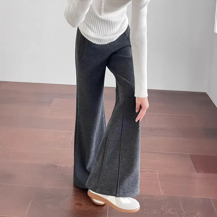 深灰色加绒加厚微喇运动裤女秋冬大码胖mm仿羊绒垂感毛呢休闲卫裤