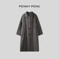 PENNYPENG 雪漫冬日 手工皮领翻领绵羊毛羊驼毛长袖苏丽毛呢大衣