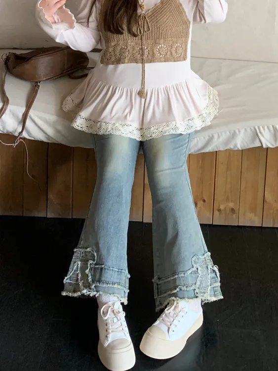 徐达布【波尔卡醺】大码蓝色水洗牛仔女微胖秋季微喇裤H36611C52