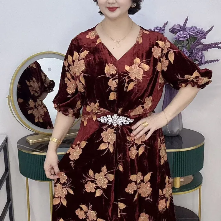 丝绒气质V领宽松时尚连衣裙