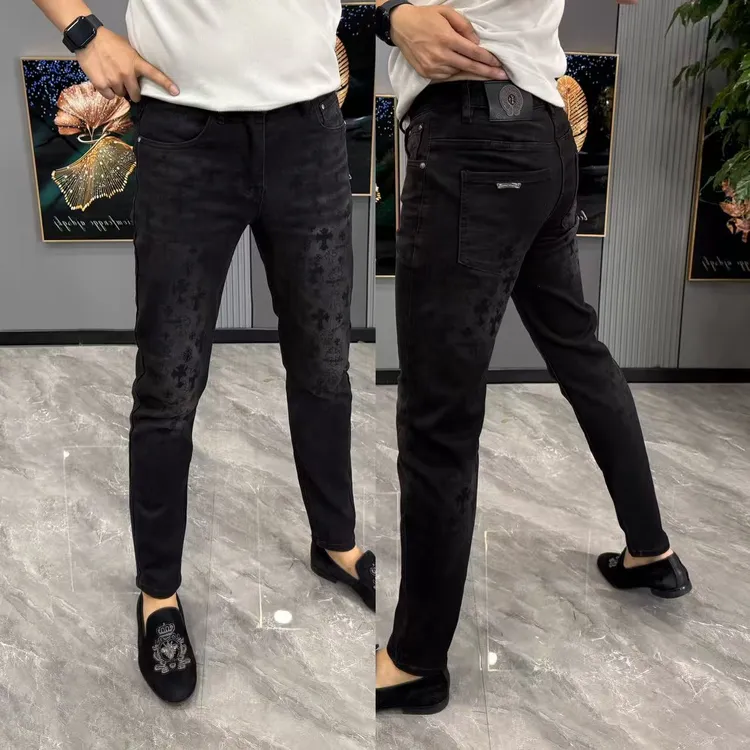 男裤黑色百搭时尚印花显瘦牛仔裤男弹力修身个性潮流男士小脚裤帅