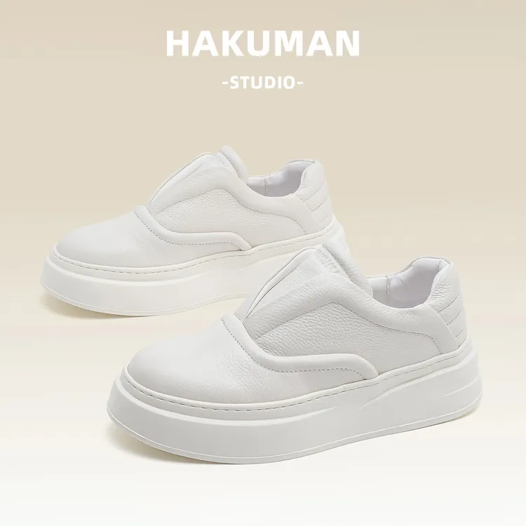 HAKUMAN秋季小白鞋一脚蹬厚底免系带休闲男鞋真皮头层牛皮轻奢ins