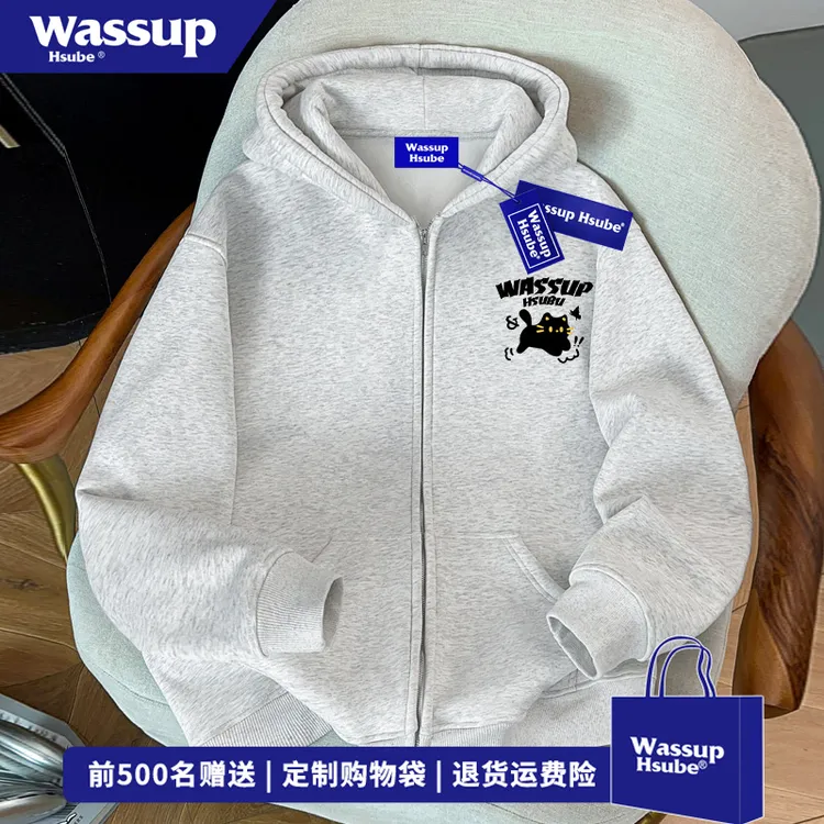 WASSUP HSUBE简约卡通小猫印花连帽开衫卫衣男女秋冬百搭拉链外套