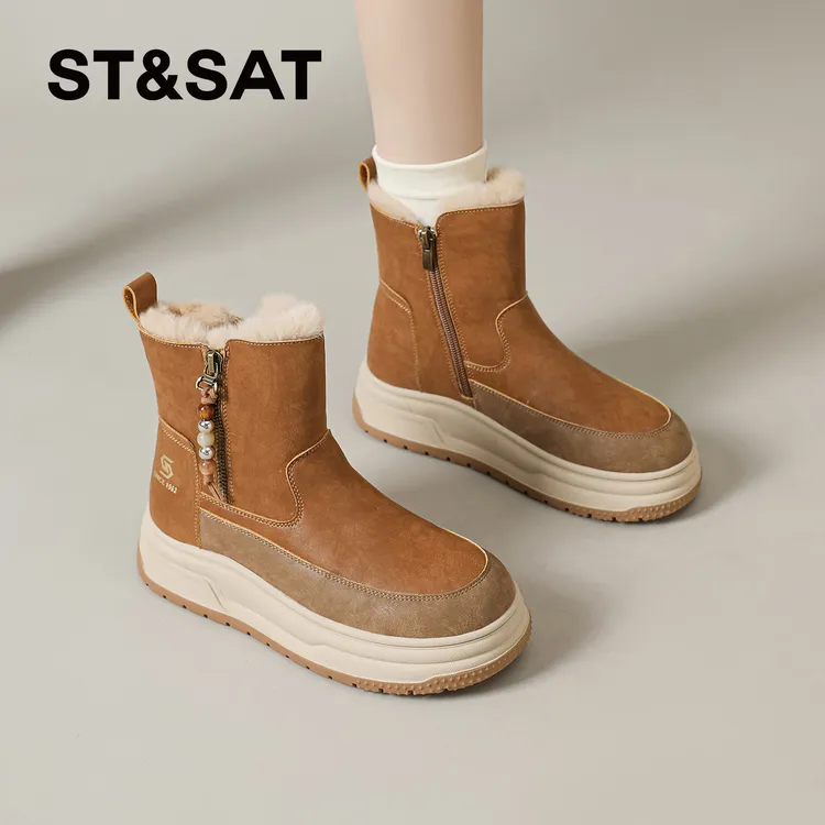 星期六雪地靴女2025冬季新款加绒棉靴厚底棕色马丁靴复古棉靴女靴
