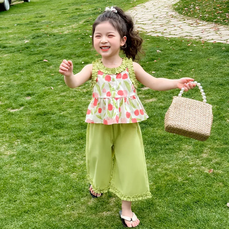 女童夏装套装花朵背心阔腿裤薄款时髦儿童服装小女孩洋气韩范衣服