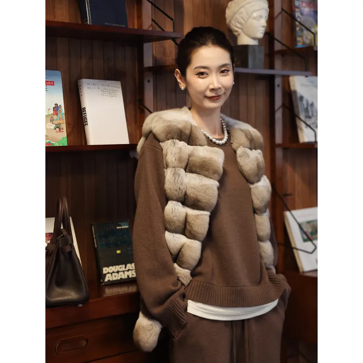 CHENSMCHEN100绵羊毛时尚拼接针织衫女休闲百搭显瘦上衣CSZ7644YW