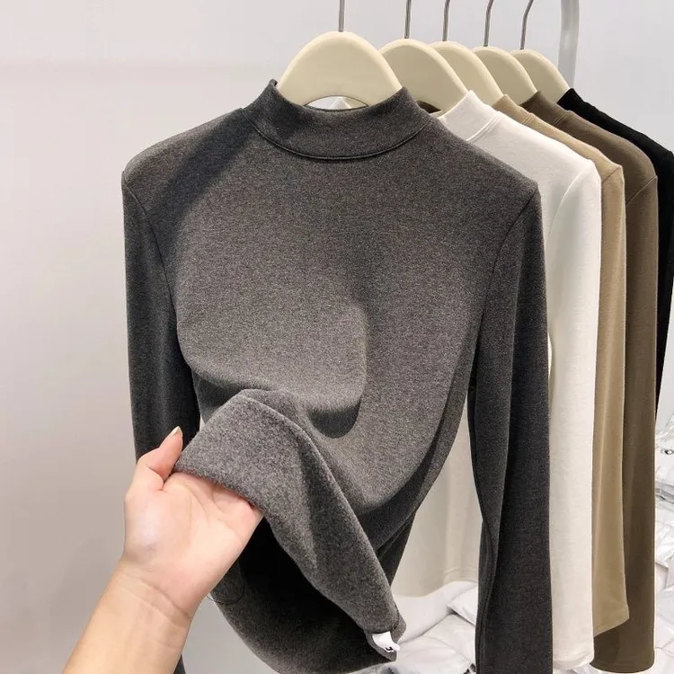 2025秋冬新款半高领长袖打底衫女加绒磨毛内搭白色韩版t恤上衣