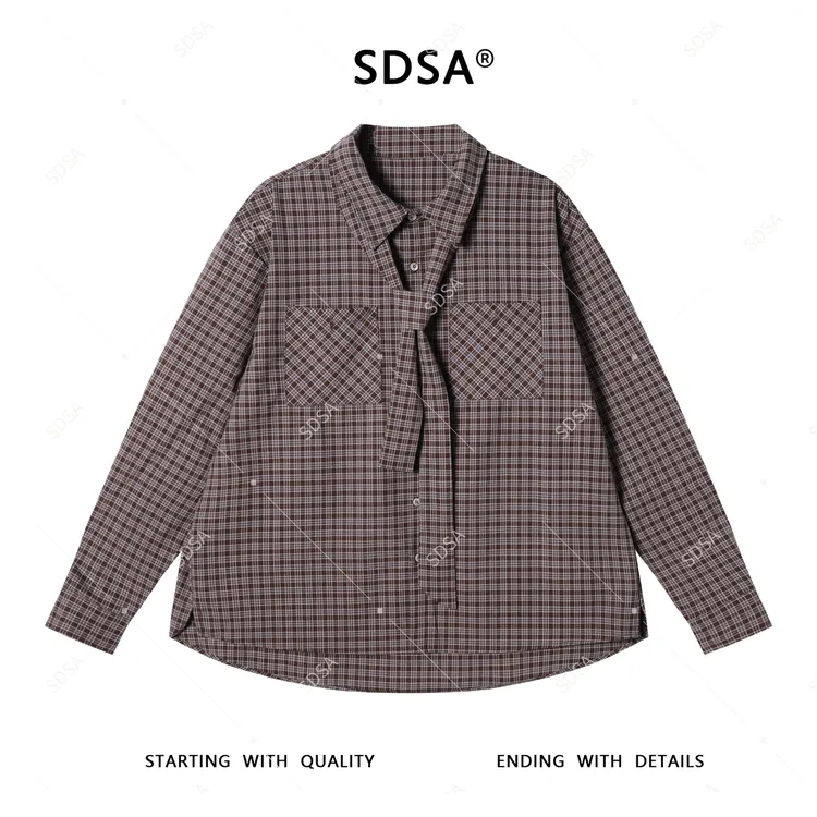 SDSA男士秋冬新款轻奢痞帅男装老钱风格纹格子拼接领带翻领衬衫潮