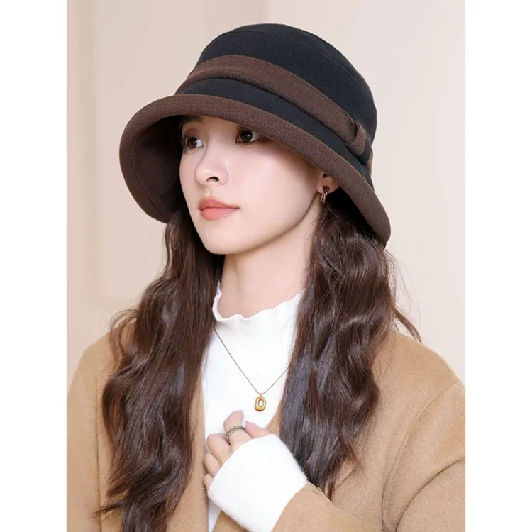 秋冬季帽子女高级感新款加厚保暖百搭出游礼帽双色拼接盆帽渔夫帽