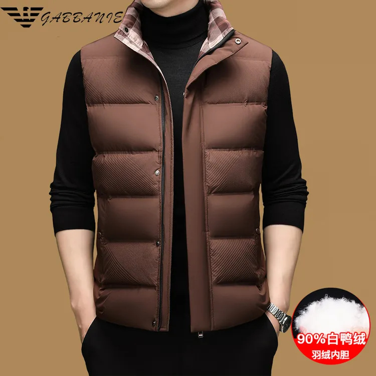 意大利品牌秋冬季拉链羽绒马甲男青年潮流百搭立领提花白鸭绒马甲