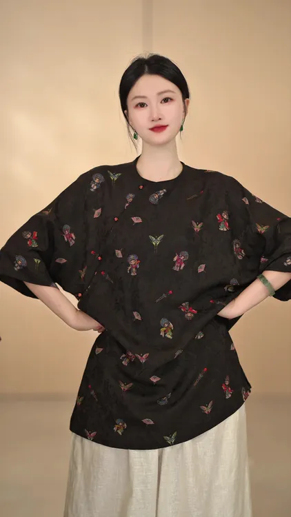 「花旦中袖」中国风百搭薄款夏季汉服复古时尚慵懒系圆领提花上衣
