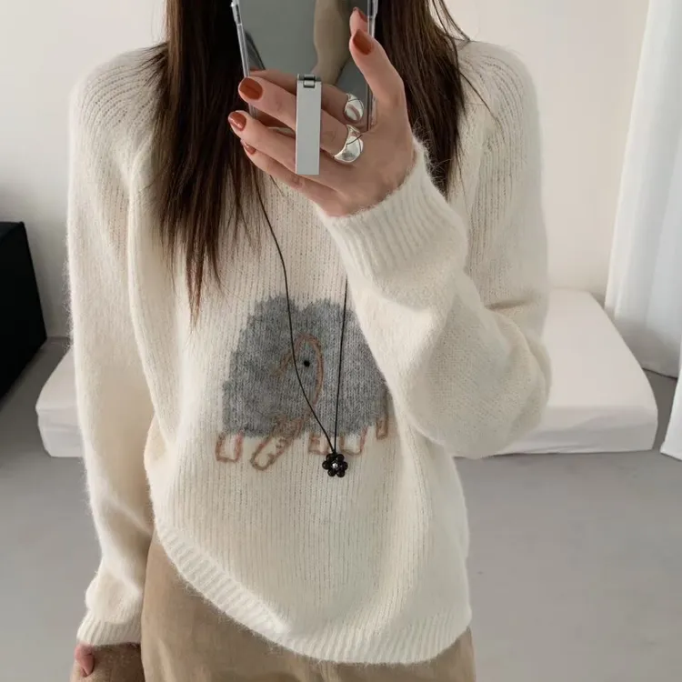 秋季新款长袖女圆领可爱大象图案提花毛针织衫常规袖慵懒风学院风