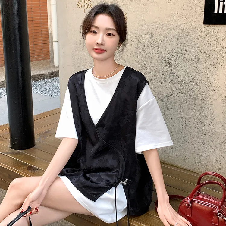 新中式蝴蝶结盘扣提花马甲背心短袖T恤两件套装女装宽松上衣