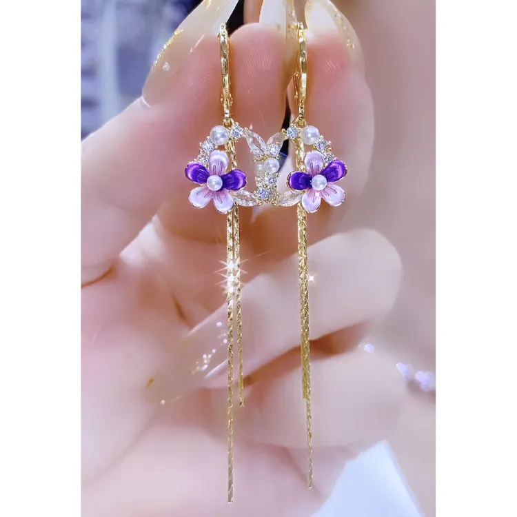 铜合金合成锆石耳饰 时尚气质优雅超仙百搭精美圆形花朵耳环