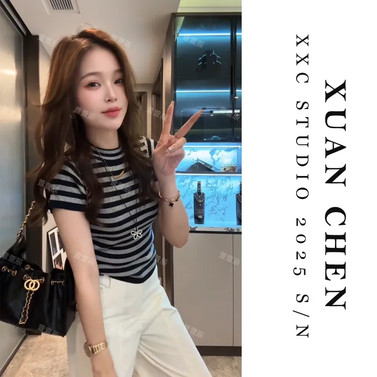 【风琴乐章】时尚优雅修身短袖T恤老钱风女装洋气修身打底衫#8710