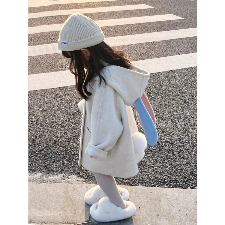 女童可爱小兔子新款羊绒大衣2025秋冬儿童连帽呢大衣加厚洋派外套