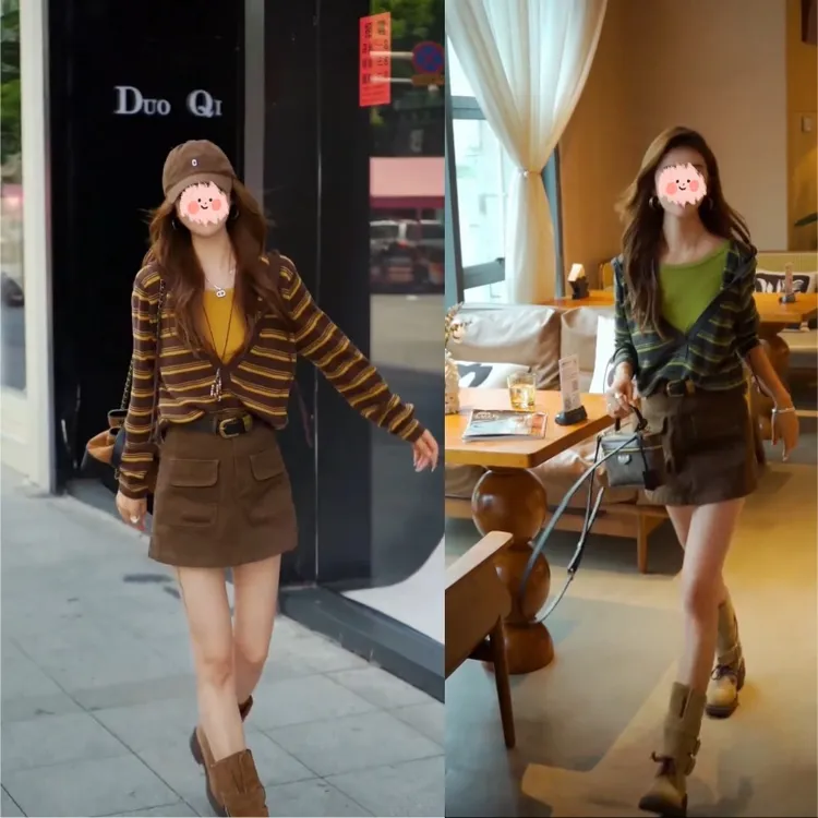 秋上新韩版休闲假两件连帽长袖针织衫+显瘦A字工装裙裤时尚套装