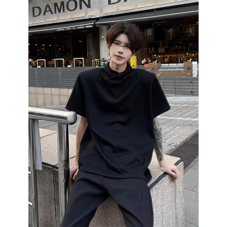 黑色美式堆叠半高领短袖男夏季小众设计感垫肩t恤痞帅高级感半袖