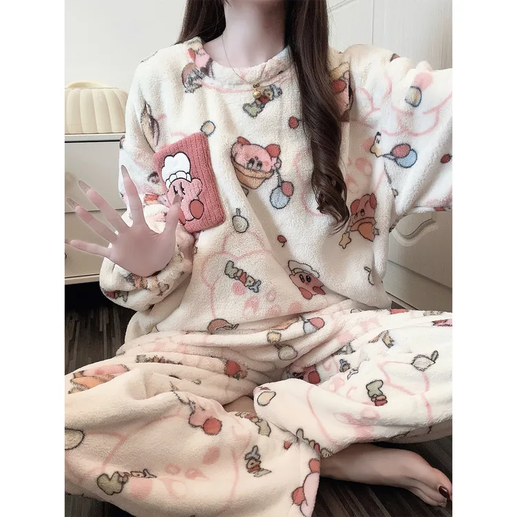 冬季睡衣女套头珊瑚绒2025新款学生软萌卡通法兰绒家居服套装外穿