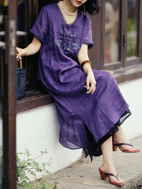 羊在在【暮山紫】民族风V领显瘦绣花连衣裙女中式裙子L23XL1001YQ