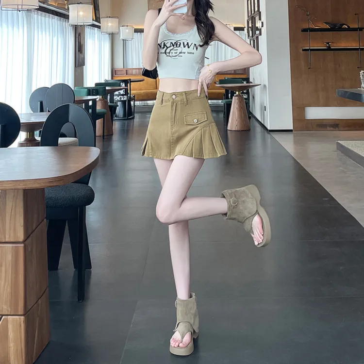 25夏季薄款A字高腰小个半身裙防走光百褶牛仔短裙女包臀学生6089