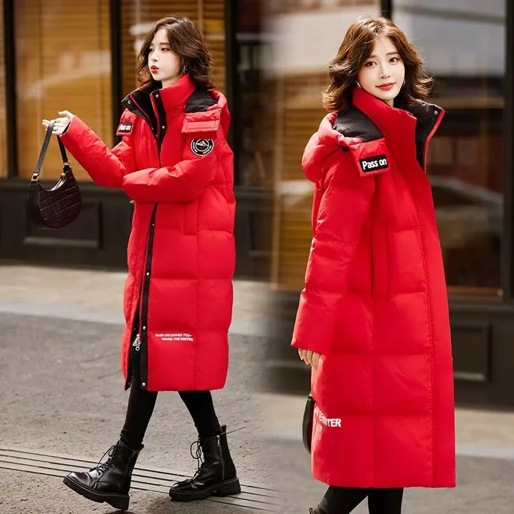韩版中长款过膝羽绒棉服女鼓舞队连帽保暖宽松显瘦冬季红色外套