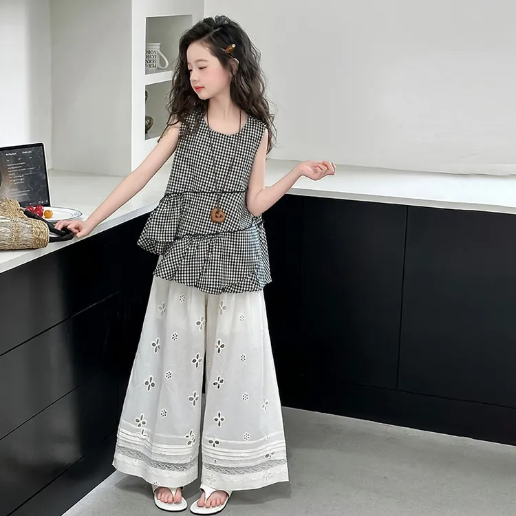 女童夏季棉布套装2025新款女大童韩系格子上衣儿童阔腿裤时髦穿搭