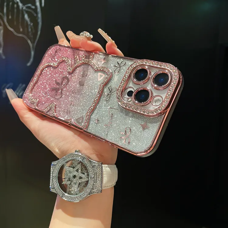 适用苹果16promax手机壳渐变闪粉iPhone15可爱猫14女高级13电镀12