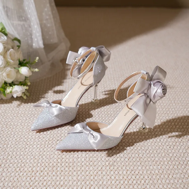 单鞋气质女鞋细跟6363-1白色一字扣感伴娘配裙子宴会尖头细鞋