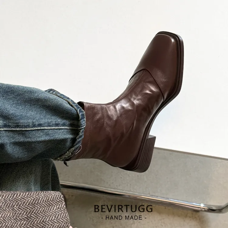 法式百搭|3.5cm头层羊皮中跟粗跟短靴女瘦瘦靴秋冬新款方头马丁靴