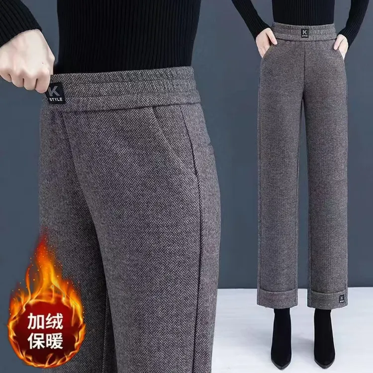 秋冬上新羊毛呢高腰九分裤女时尚舒适显瘦加绒加厚休闲直筒裤子