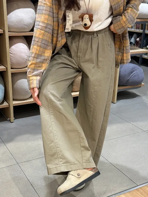 卡其色直筒休闲工装裤女新款大码胖mm梨形身材宽松显瘦弯刀阔腿裤