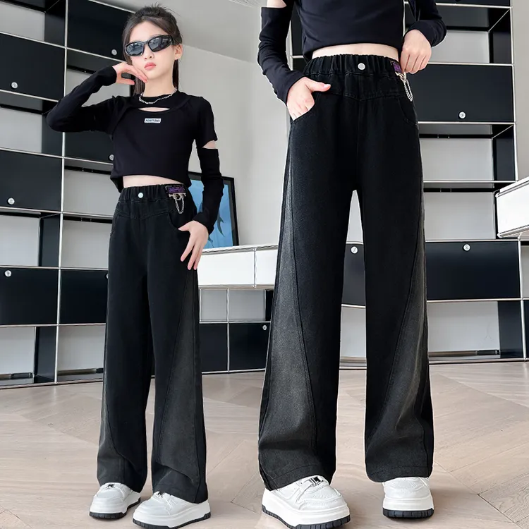 女童裤子春秋外穿2025新款中大童休闲直筒阔腿女孩春季儿童牛仔裤
