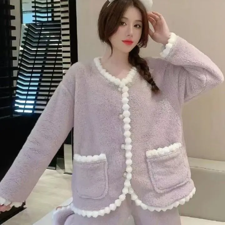 长袖冬季香芋紫包条小香风睡衣家居服套装网红宽松套装秋冬季