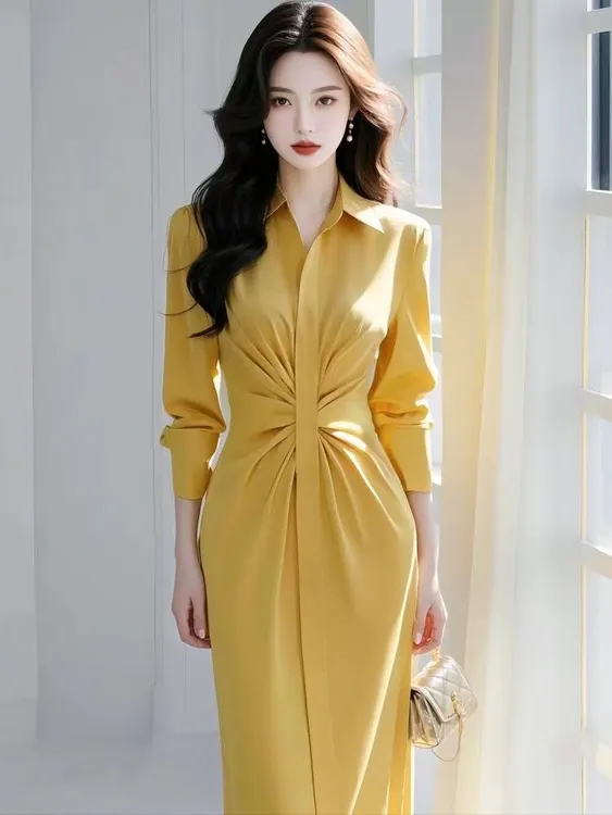 黄色衬衫连衣裙女2025春季法式气质轻奢高级感独特漂亮超好看长裙