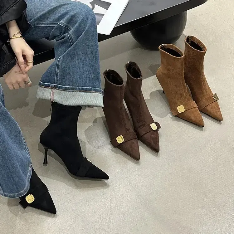 2025秋冬新款尖头短靴女女靴细跟靴子瘦瘦靴高跟鞋马丁靴短筒靴