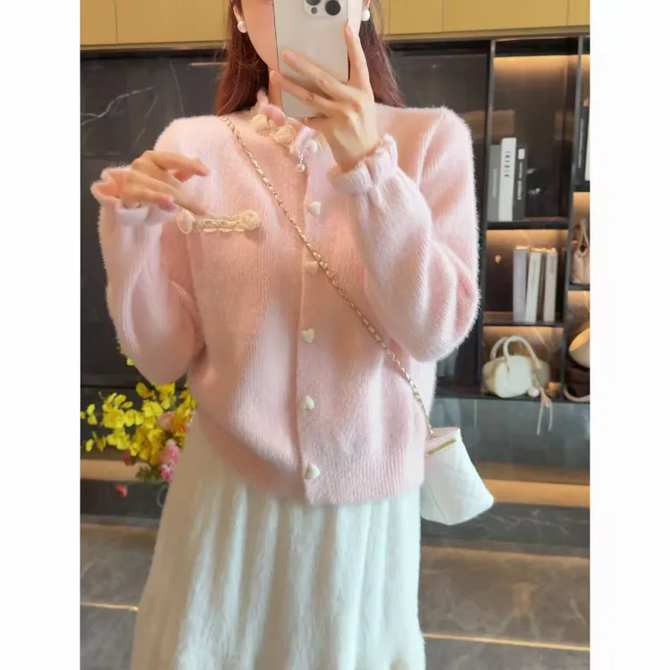 不起球 小香风蕾丝花朵领毛衣外套女气质甜美针织衫上衣