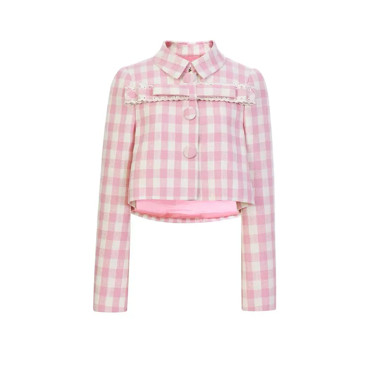 LeFame/拉飞姆2026春季新款时尚蝴蝶结粉白格纹外套LF26C31SC003