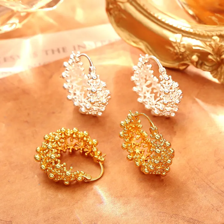 铜合金耳饰 法式大花朵镂空耳环女高级感金色小众首饰高级感