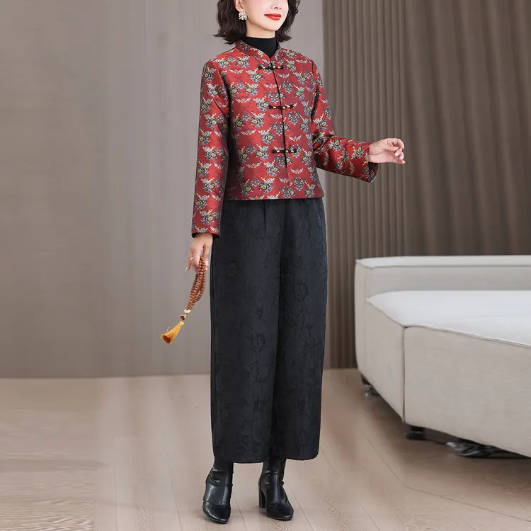 新中式中国风立领外套秋冬季新款高端提花复古洋气休闲两件套女